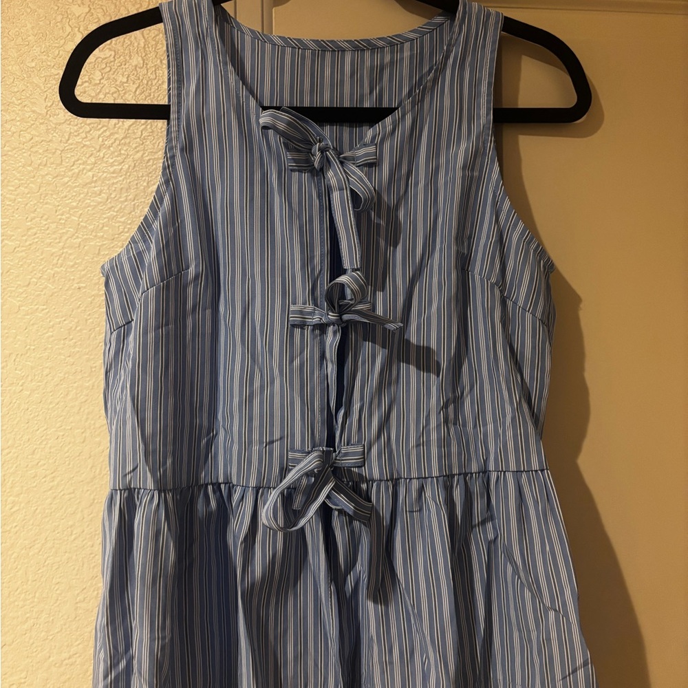 Blue Striped Sleeveless Dress with Bow Details